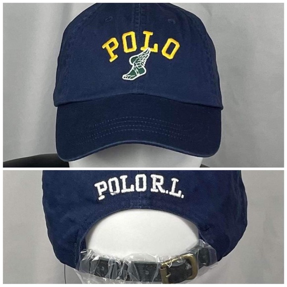 New Polo Ralph Lauren P-Wing Navy Blue Green Leather Strap Adjustable Hat Cap - Picture 2 of 6